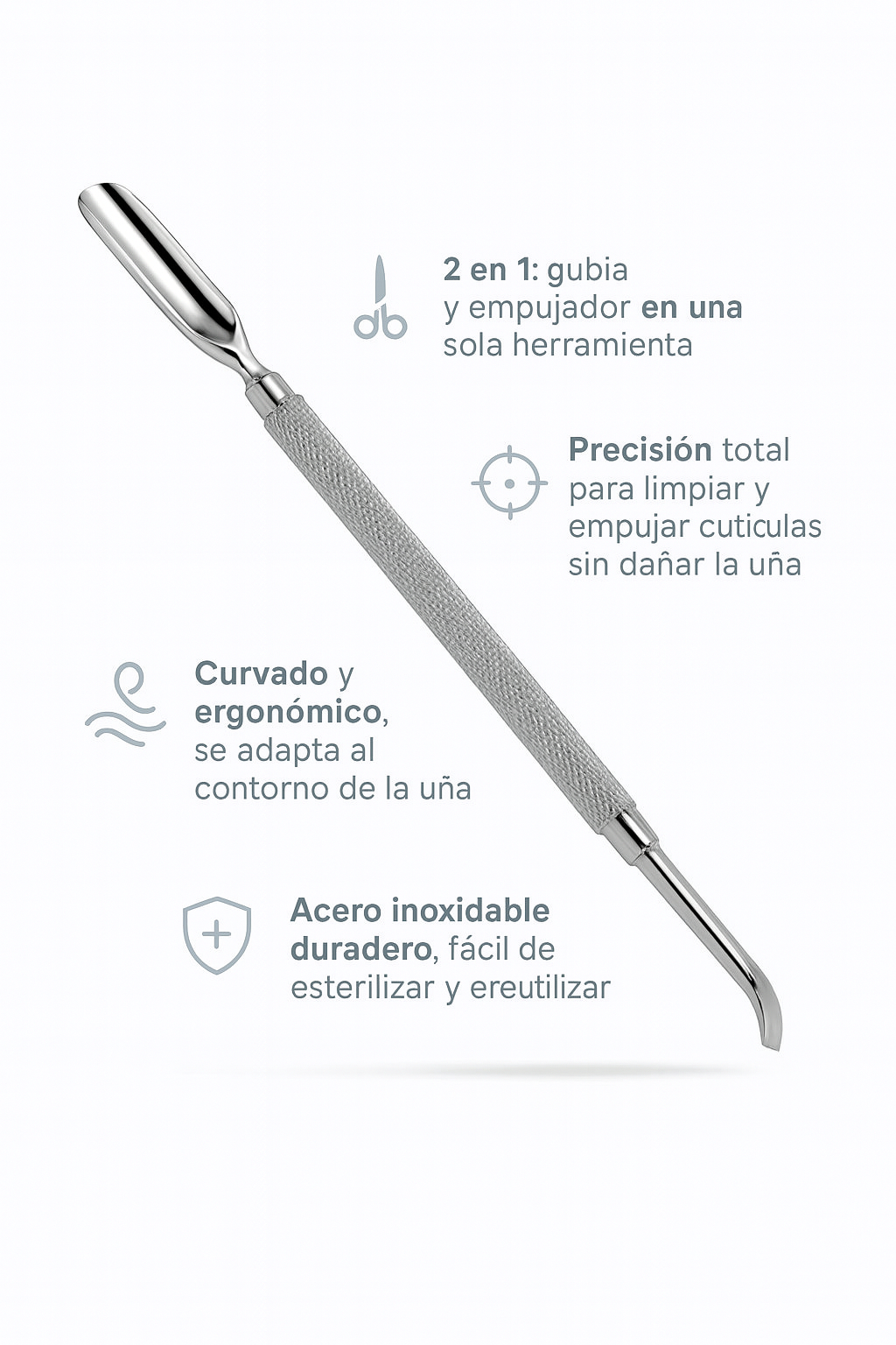 Instrumento doble gubia/empujador de cutículas curvado