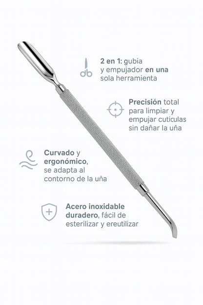 Instrumento doble gubia/empujador de cutículas curvado