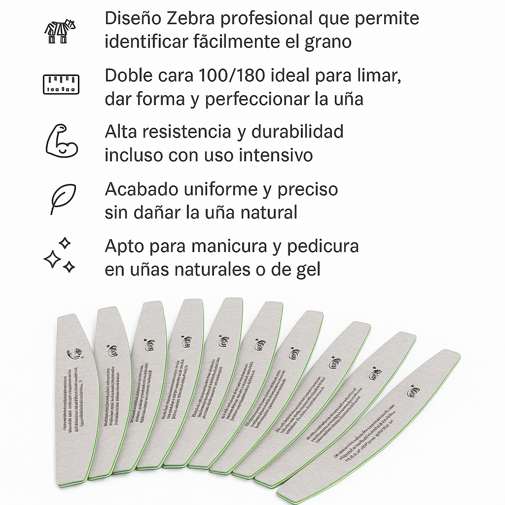 Pack 10 limas de uñas 2 caras, zebra duras 100/180 - Bello Cabello