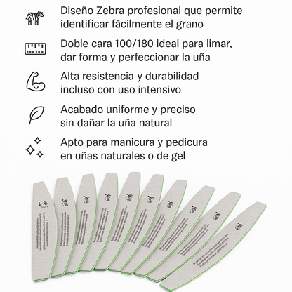 Pack 10 limas de uñas 2 caras, zebra duras 100/180 - Bello Cabello